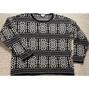 J Jill Fair Isle Heart Crew Neck Sweater Black White Size L Knit Pullover